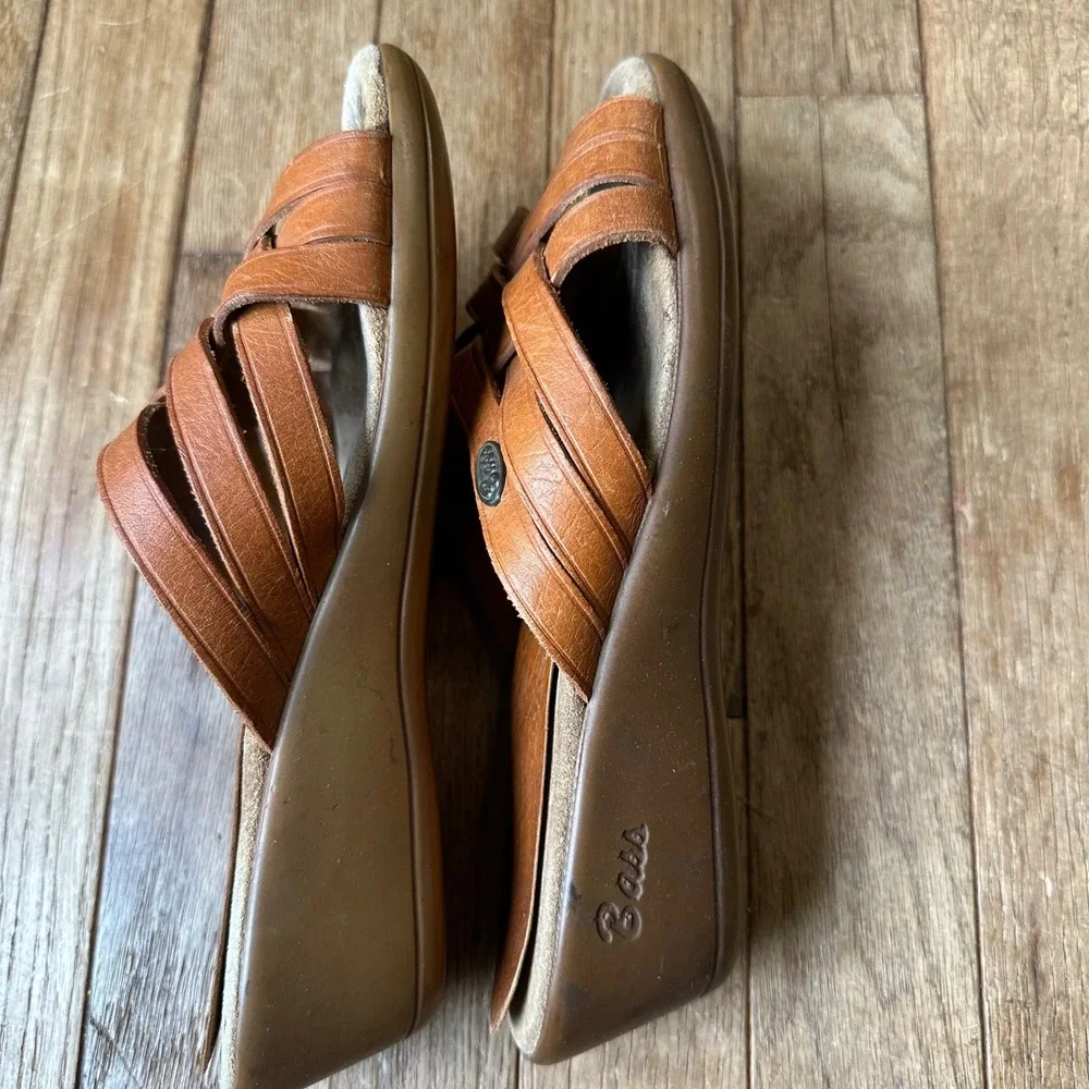 Vintage 80s Bass Sunjuns Women's Brown Leather Woven Wedge Slide‎ Sandals 7.5
